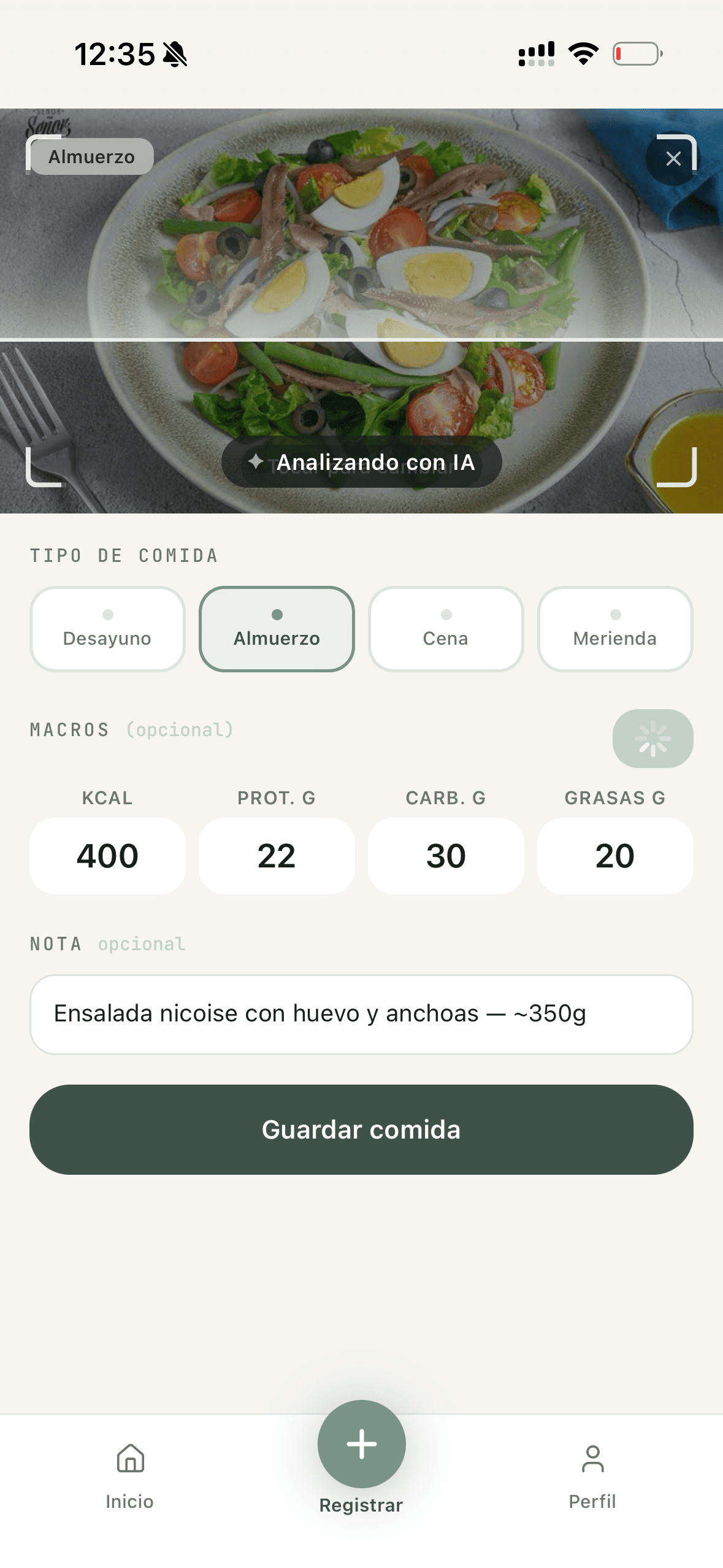 A photo of a plate inside the app, marked as being analysed by AI.