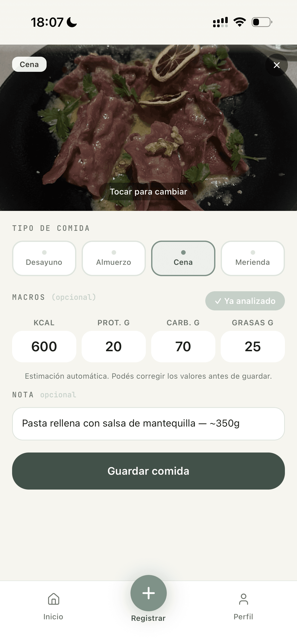 The logging form with the meal type selected and the calorie and macronutrient fields already filled in by the analysis.