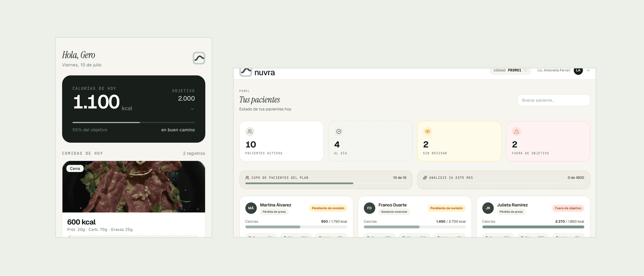 Nuvra's patient app next to the web dashboard a nutritionist uses to follow their patients.