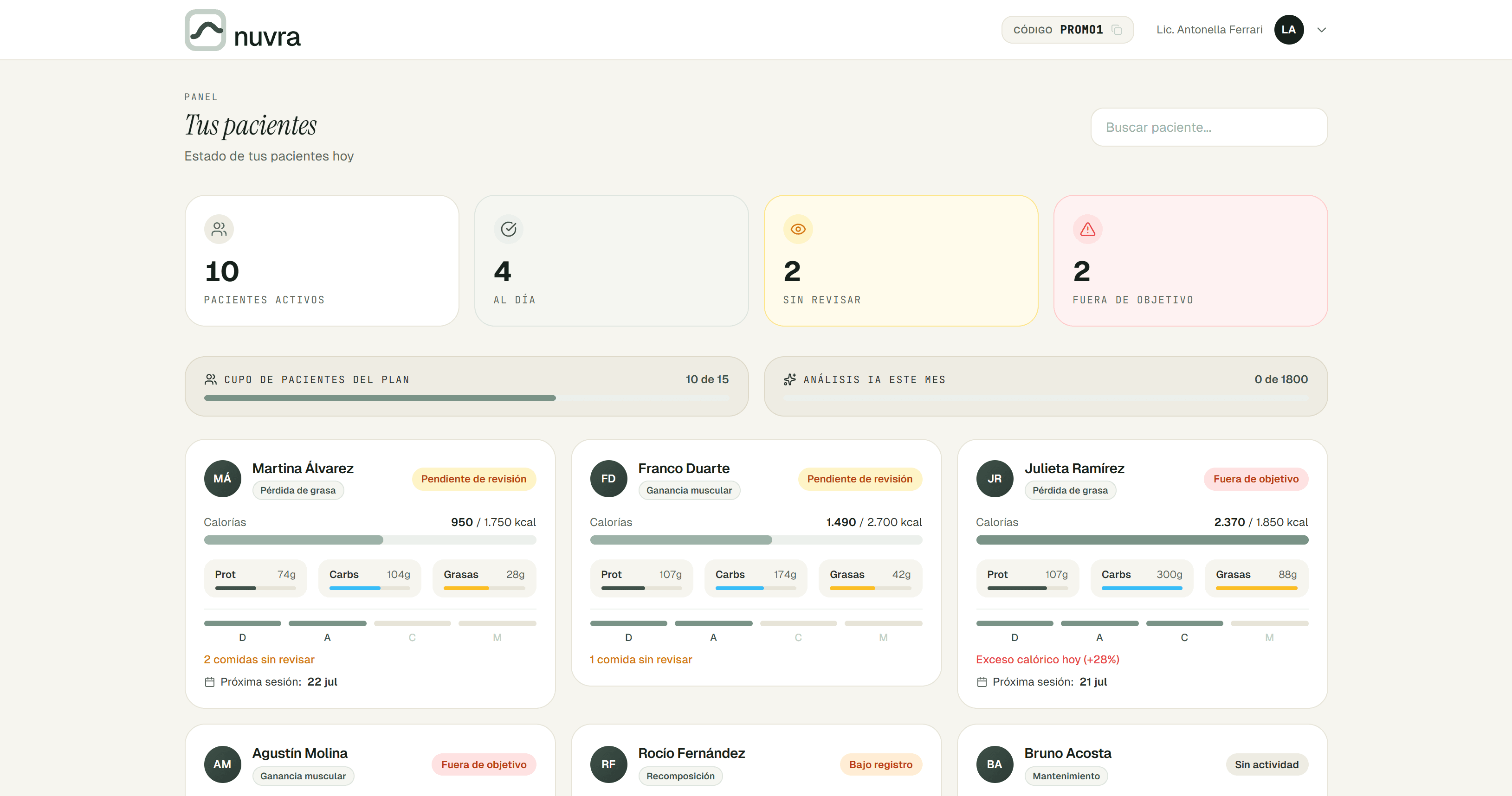 Nuvra's web dashboard showing today's patient states and the cards for the first three patients.