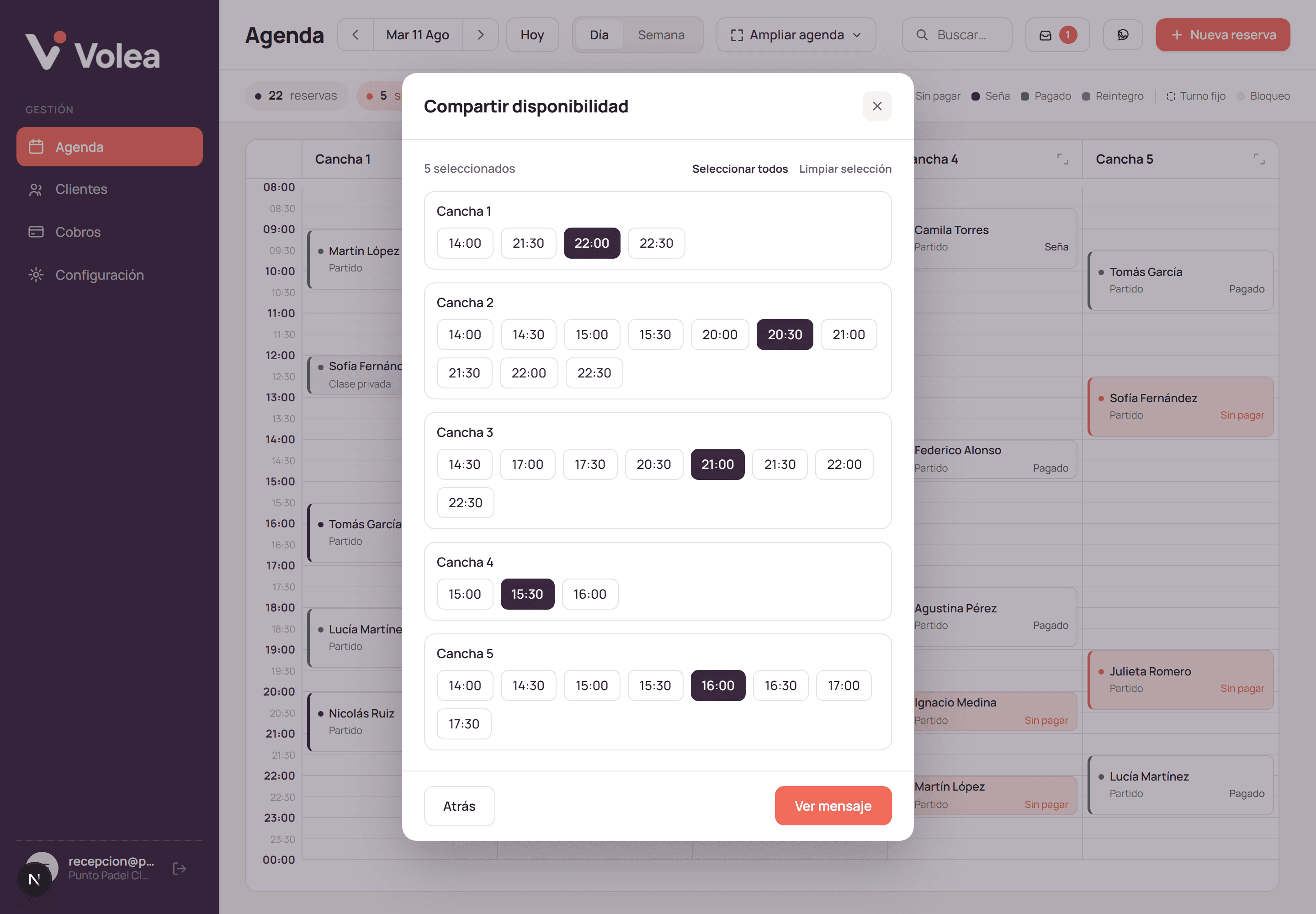 Selecting available slots in the schedule to share with players.