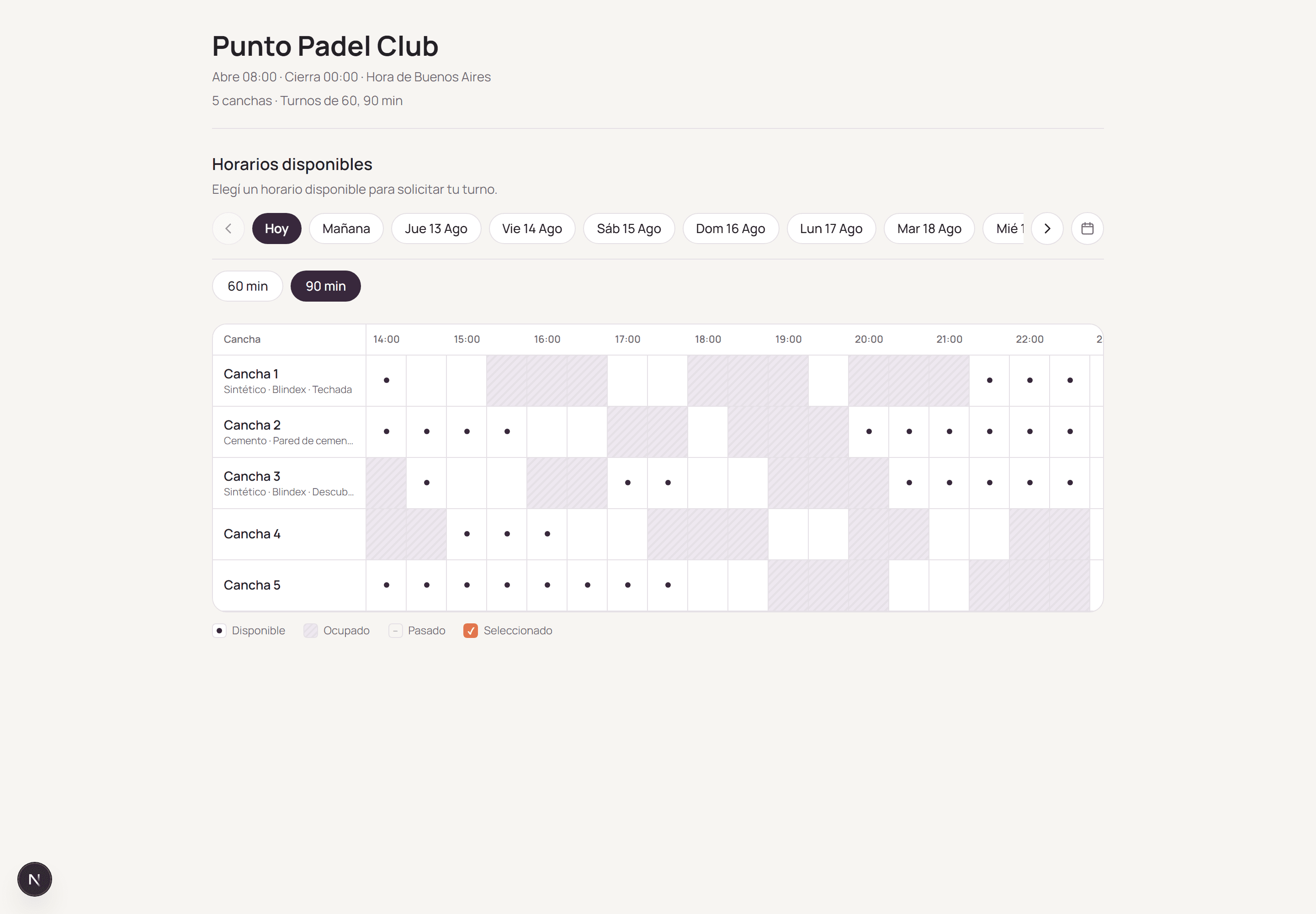 The club's public page with its available times.