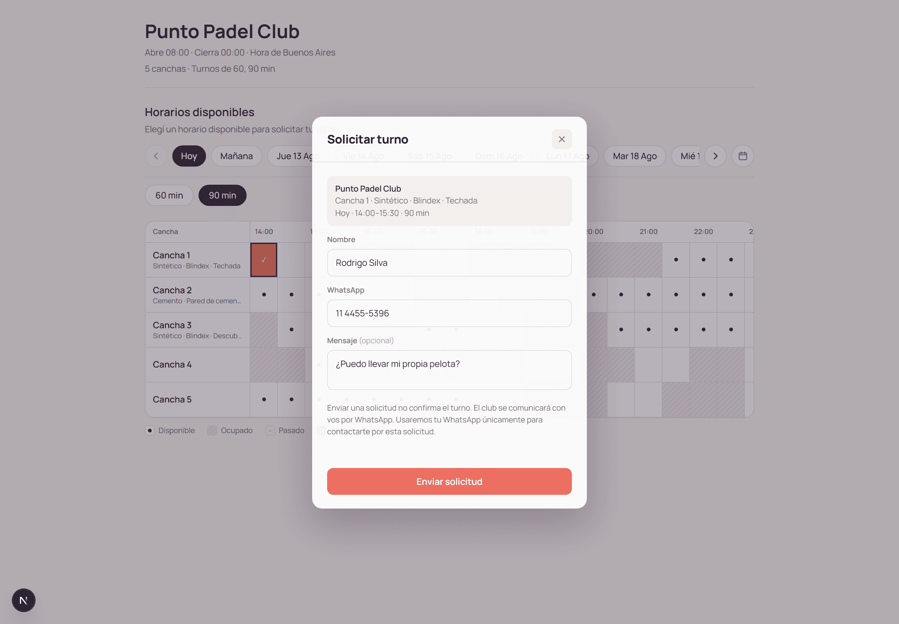 Public form where a player requests a booking.