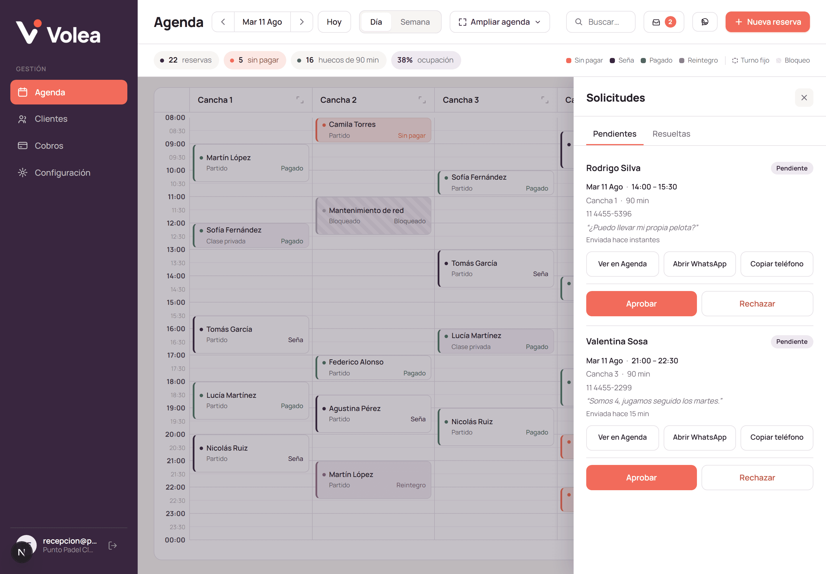 Admin panel with the pending booking requests.