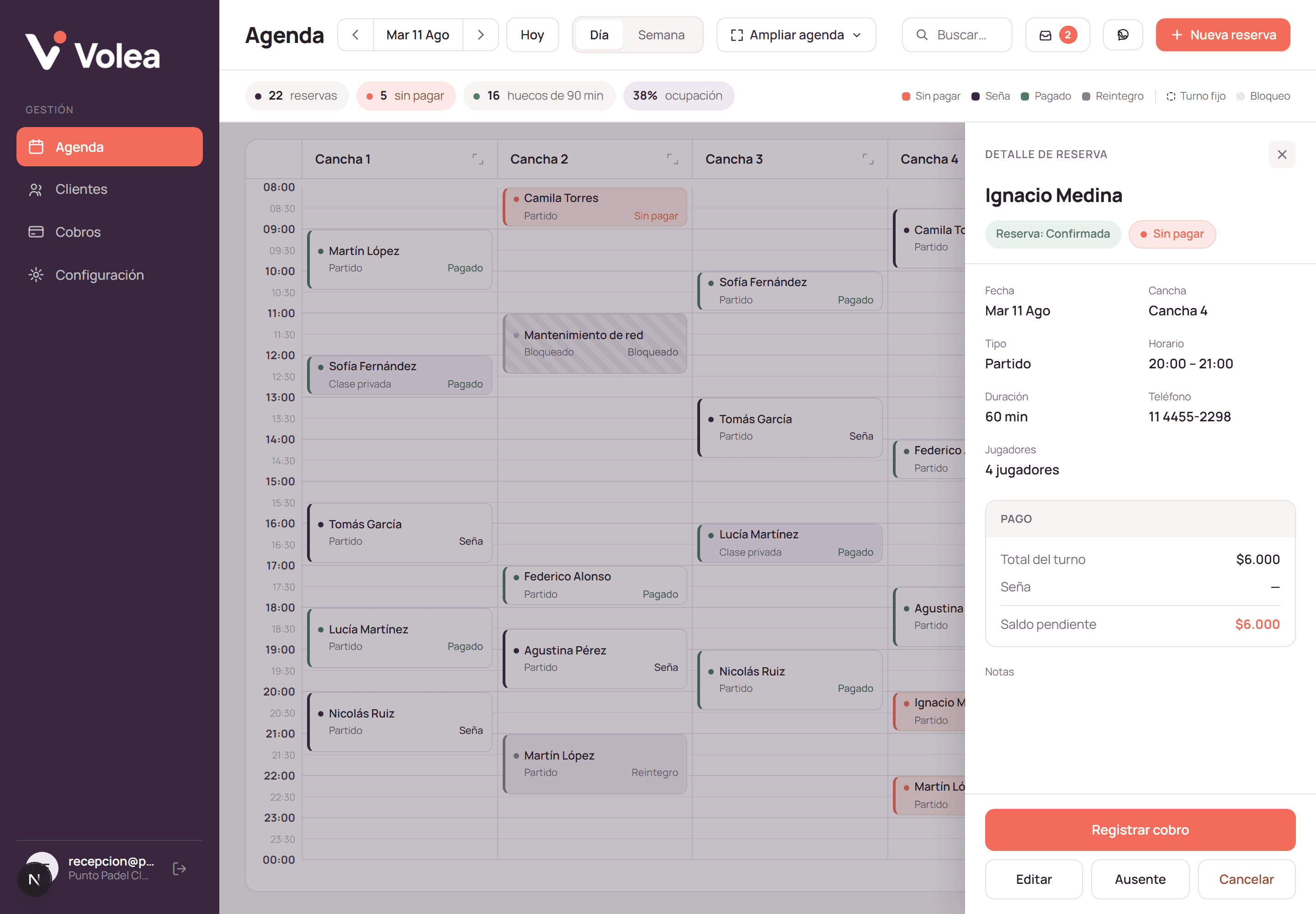 Volea's schedule with the details of a confirmed booking.